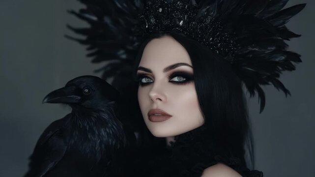 Portrait of a woman with raven hair wearing a feathered crown with a black raven perched on her shoulder gazing directly