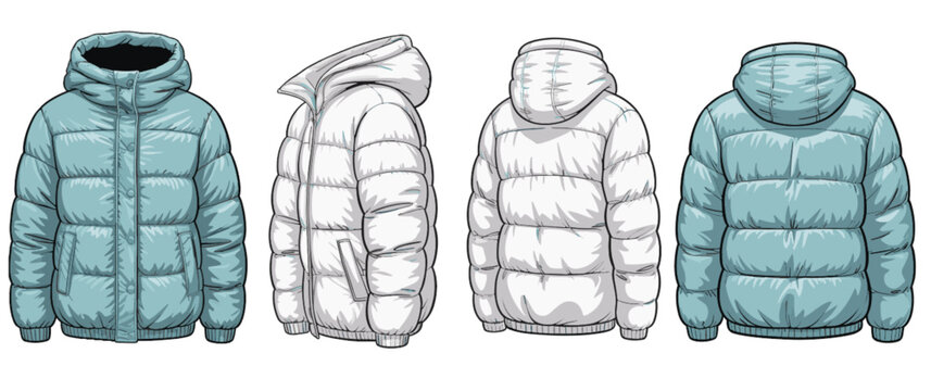 Puffer jacket CAD drawing, flat vector fashion illustration with hood, light blue and white variations, side and back views