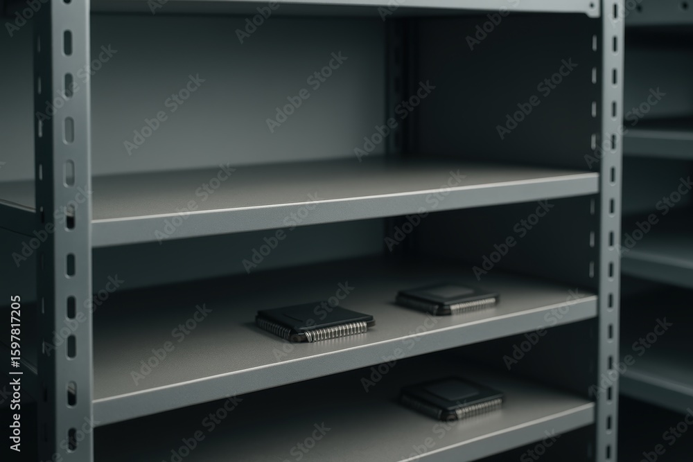 Aufkleber modern computer chips on empty shelving in a technology storage environment