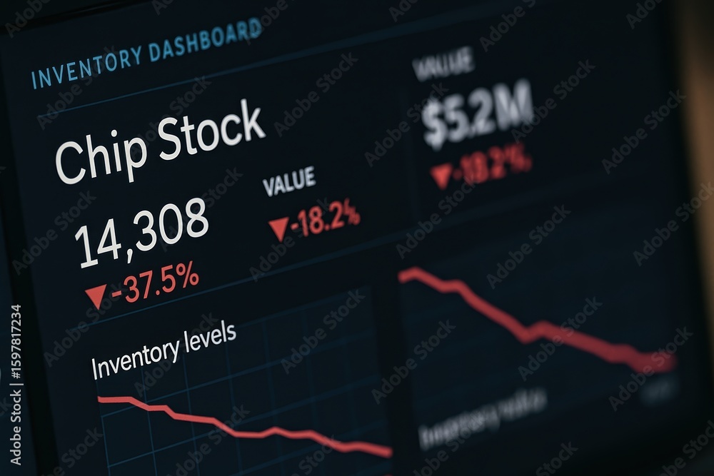 Poster inventory dashboard display for chip stock with declining values and chart analysis
