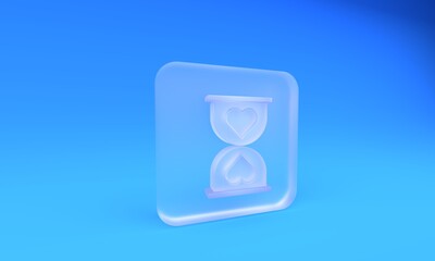 Frosted glass Heart in the center old hourglass icon isolated on blue background. Valentines day. Square frosted glass button. 3D render illustration