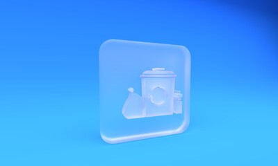 Frosted glass Recycle bin with recycle symbol icon isolated on blue background. Trash can icon. Garbage bin sign. Recycle basket. Square frosted glass button. 3D render illustration