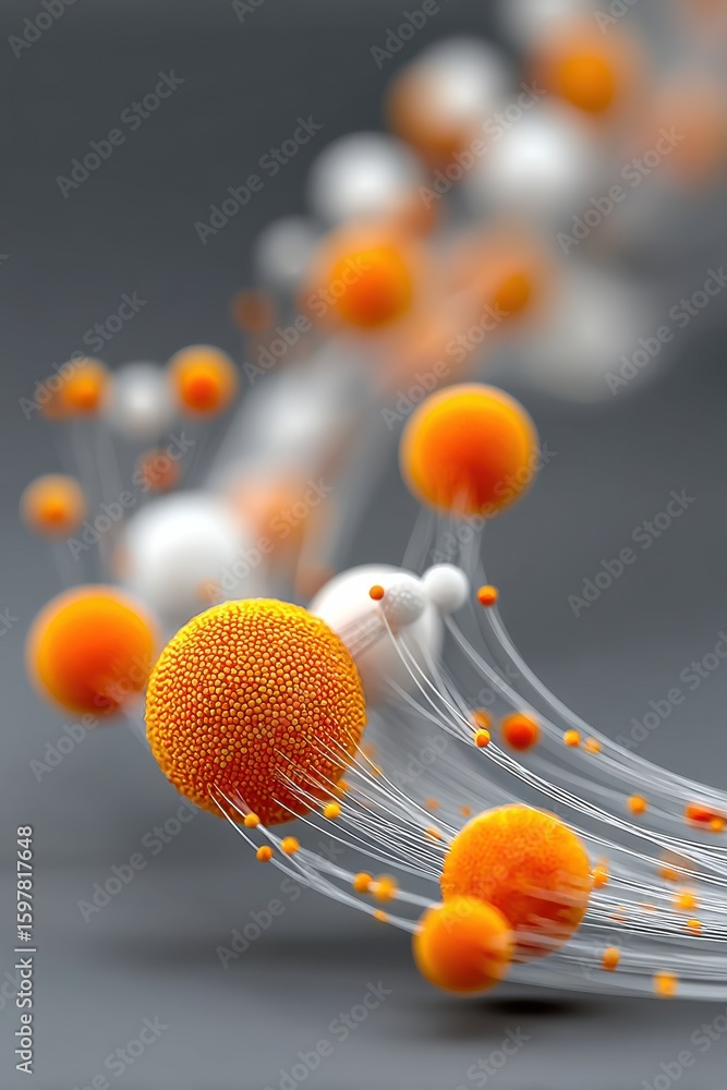 Poster abstract 3d visualization with floating spheres in orange and white tones
