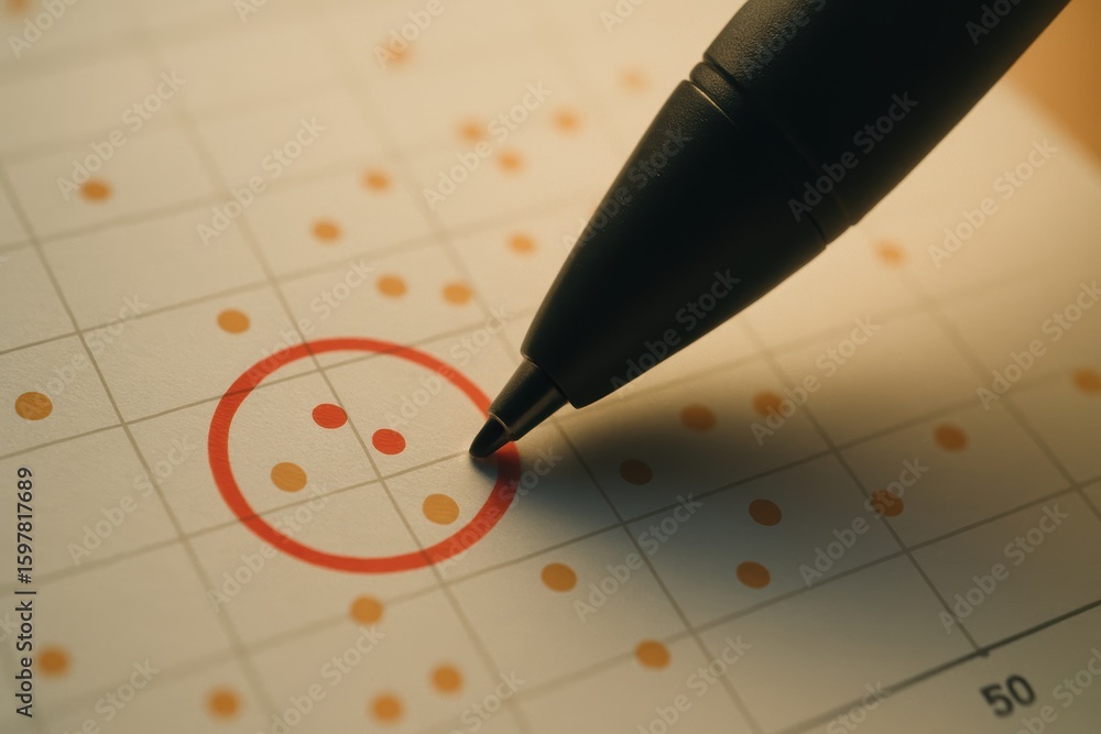 Poster close-up view of black pen highlighting important data points on grid paper with orange dots