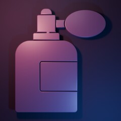 Purple Aftershave bottle with atomizer icon isolated on purple-blue background. Cologne spray icon. Male perfume bottle. Minimalism concept. 3D render illustration