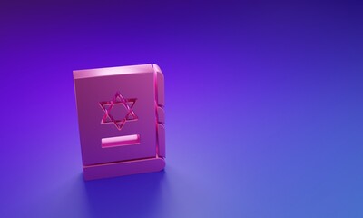 Pink Jewish torah book icon isolated on purple-blue background. On the cover of the Bible is the image of the Star of David. Minimalism concept. 3D render illustration