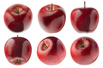 Juicy red apples rich set, whole ripe bright red apples from different sides, studio shot, isolated on white background. Summer fresh natural fruits as design elements.