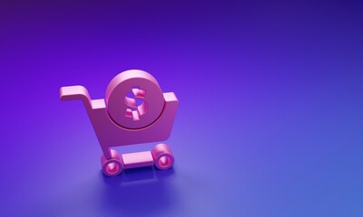 Pink Shopping cart and dollar symbol icon isolated on purple-blue background. Online buying concept. Delivery service. Supermarket basket. Minimalism concept. 3D render illustration