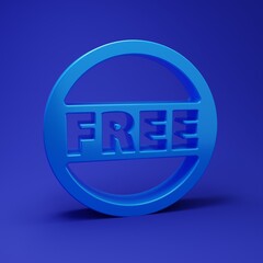 Blue Price tag with an inscription Free icon isolated on blue background. Badge for price. Promo tag discount. Minimalism concept. 3D render illustration