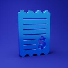 Blue Paper check and financial check icon isolated on blue background. Paper print check, shop receipt or bill. Minimalism concept. 3D render illustration