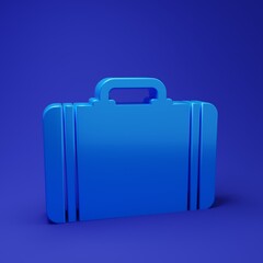 Blue Suitcase for travel icon isolated on blue background. Traveling baggage sign. Travel luggage icon. Minimalism concept. 3D render illustration