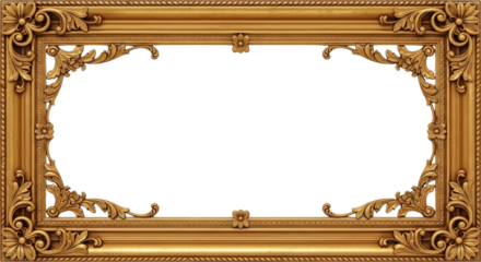 Ornate gold antique picture frame with intricate floral carvings horizontal orientation isolate