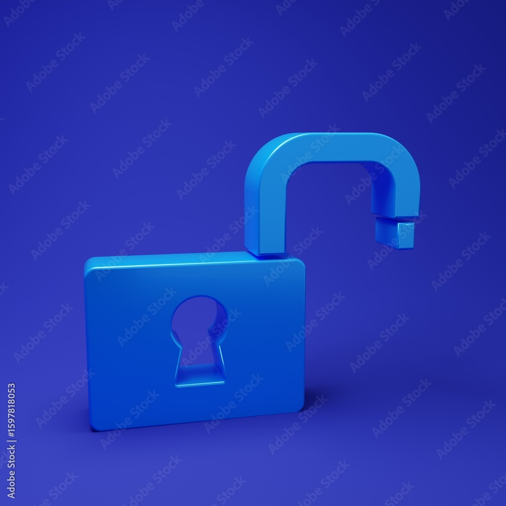 Poster blue open padlock icon isolated on blue background. opened lock sign. cyber security concept. digita