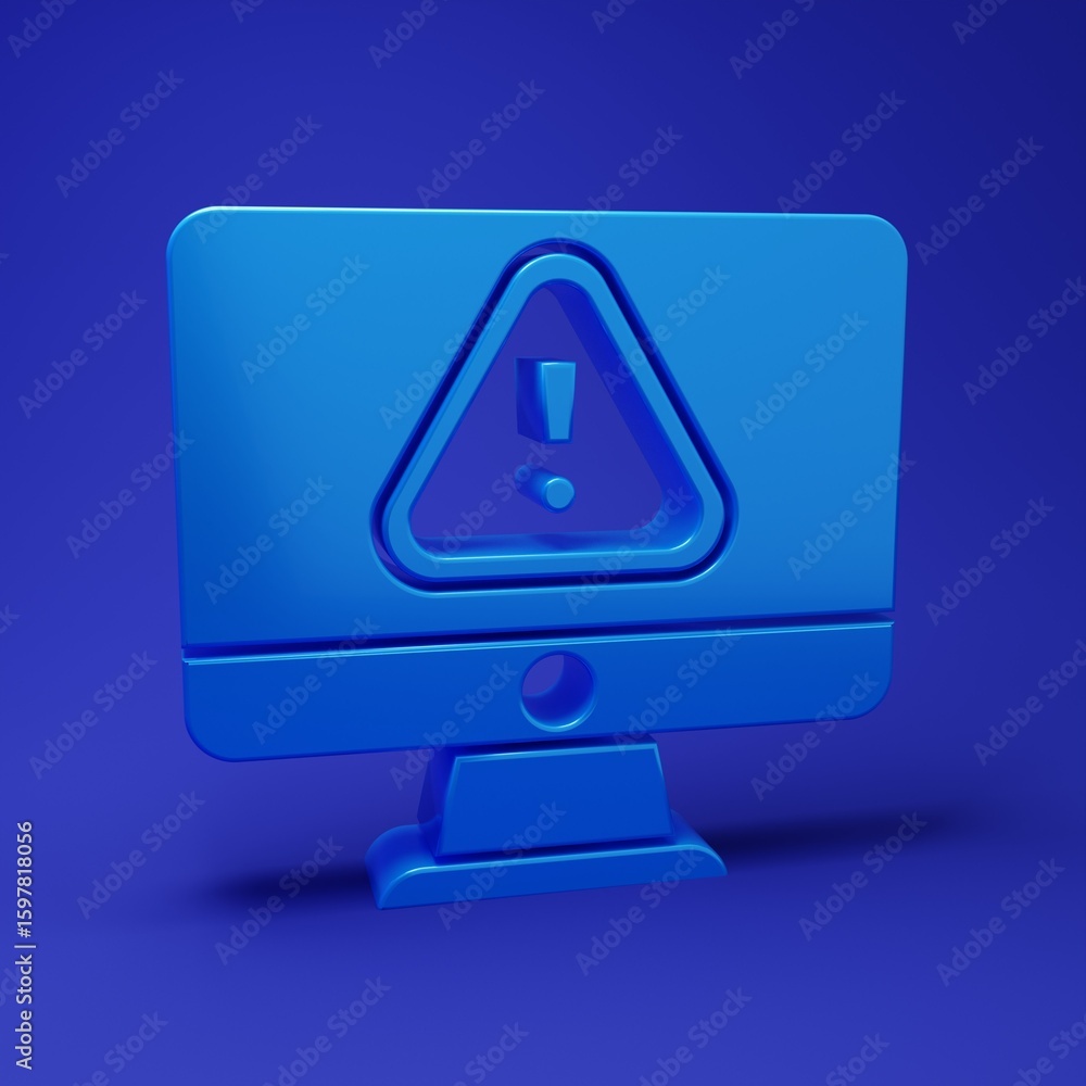 Fototapete blue computer monitor with exclamation mark icon isolated on blue background. alert message smartpho