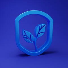 Blue Shield with leaf icon isolated on blue background. Eco-friendly security shield with leaf. Minimalism concept. 3D render illustration