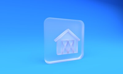 Frosted glass Farm house icon isolated on blue background. Square frosted glass button. 3D render...