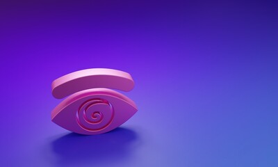 Pink Hypnosis icon isolated on purple-blue background. Human eye with spiral hypnotic iris. Minimalism concept. 3D render illustration