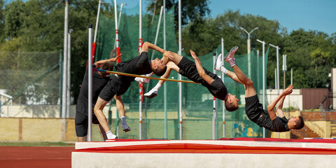 Athlete executing a successful high jump using flawless technique in series. Concept of jump series...
