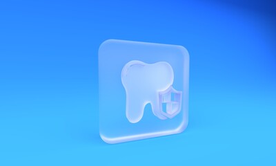 Frosted glass Dental protection icon isolated on blue background. Tooth on shield logo. Square frosted glass button. 3D render illustration
