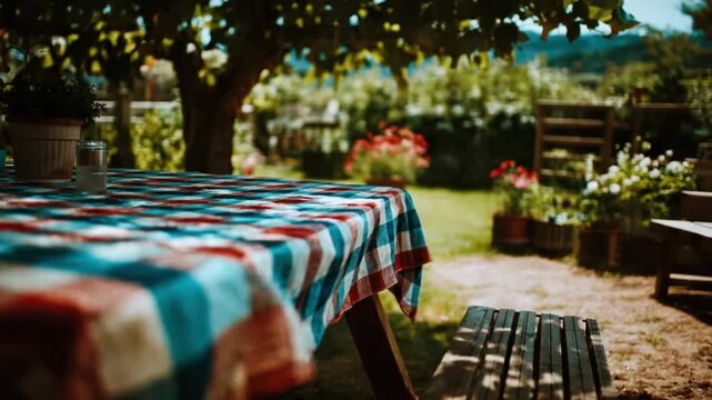 Close up of a vibrant red blue and white checkered tablecloth covering an outdoor picnic table in a sunlit garden