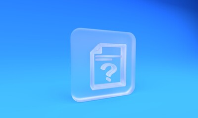 Frosted glass Unknown document icon isolated on blue background. File with Question mark. Hold...