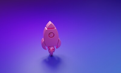 Pink Rocket ship with fire icon isolated on purple-blue background. Space travel. Minimalism...
