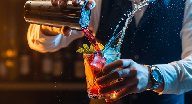 Bartender's Colorful Cocktail Creation: Splashing Liquids and Vibrant Hues in a Crystal Glass