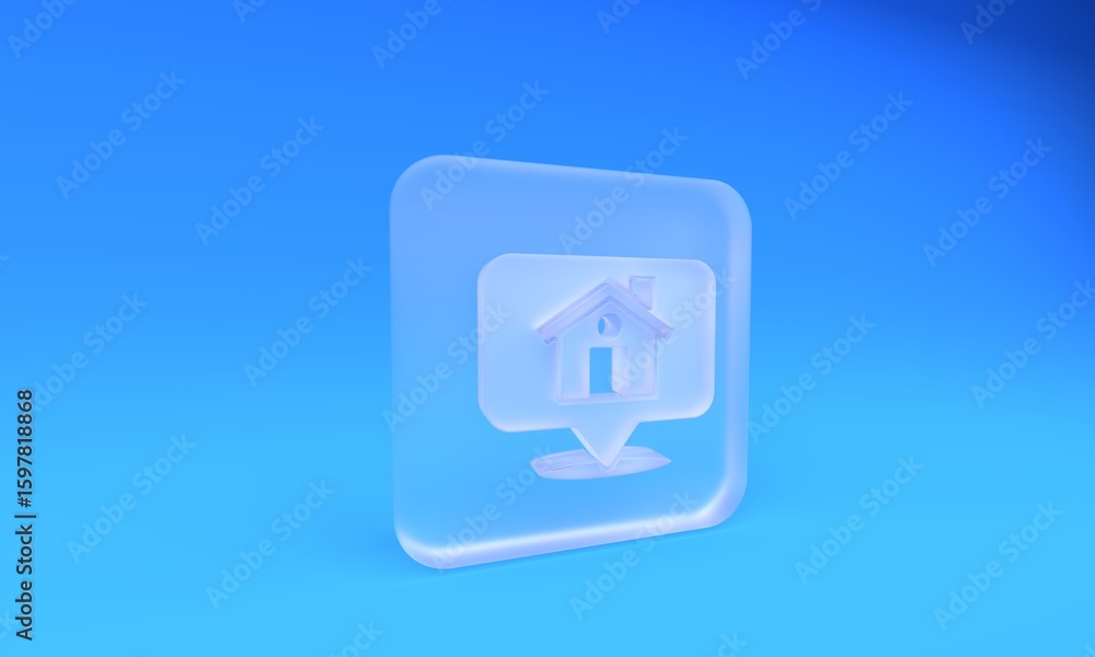 Fototapete frosted glass map pointer with house icon isolated on blue background. home location marker symbol. 