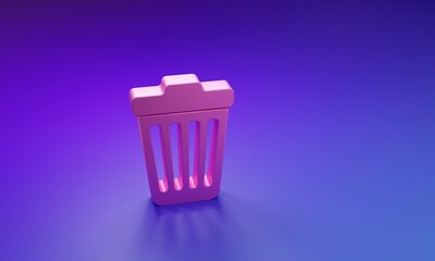 Pink Trash can icon isolated on purple-blue background. Garbage bin sign. Minimalism concept. 3D...