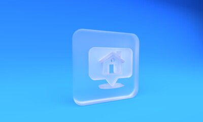 Frosted glass Map pointer with house icon isolated on blue background. Home location marker symbol....