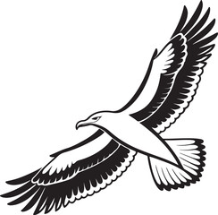 Black and White Silhouette of a Flying Seagull Bird Illustration Isolated on White Background