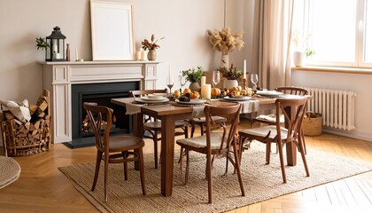 Thanksgiving dinner table setting near fireplace