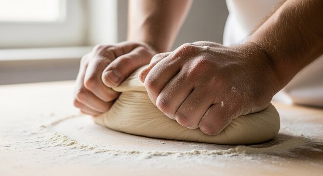 Baker's Hands Kneading Dough: Close-Up of Flour-Dusted Hands Shaping Bread on Wooden Surface