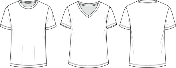 Blank t-shirt template, front and back view, crew neck, V-neck design, white tee, fashion mockup, apparel flat sketch, vector