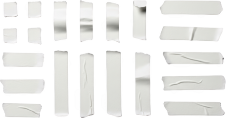 Assorted white tape pieces with torn edges and varied textures isolate