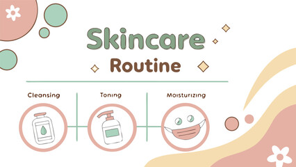 Illustration of a skincare routine with cleansing toning and moisturizing steps and pastel color palette