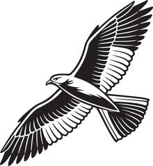 Black and White Silhouette of a Flying Seagull Bird Illustration Isolated on White Background