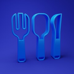 Fototapeta premium Blue Fork, spoon and knife icon isolated on blue background. Cooking utensil. Cutlery sign. Minimalism concept. 3D render illustration
