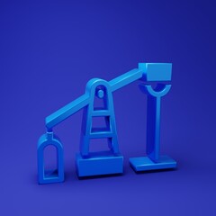 Blue Oil pump or pump jack icon isolated on blue background. Oil rig. Minimalism concept. 3D render illustration
