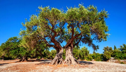 Two ancient olive trees under a clear sky