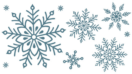 Fototapeta premium Illustration of various sized snowflakes with intricate designs scattered on a white background view from above