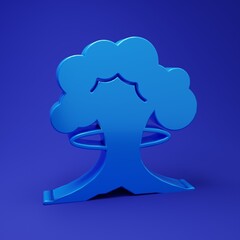 Blue Nuclear explosion icon isolated on blue background. Atomic bomb. Symbol of nuclear war, end of world. Minimalism concept. 3D render illustration