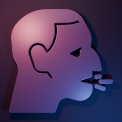 Purple Man coughing icon isolated on purple-blue background. Viral infection, influenza, flu, cold symptom. Tuberculosis, mumps, whooping cough. Minimalism concept. 3D render illustration