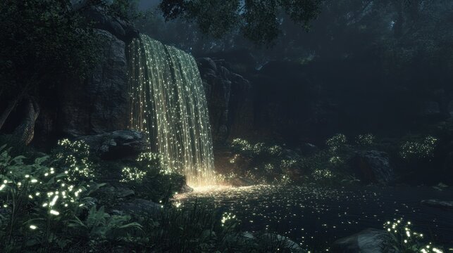 Magical waterfall in a glowing forest