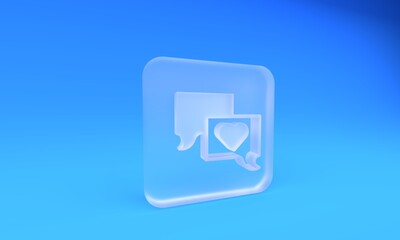 Frosted glass Speech bubble chat icon isolated on blue background. Message icon. Communication or comment chat symbol. Square frosted glass button. 3D render illustration