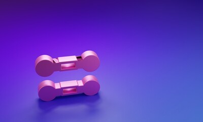 Pink Dumbbell icon isolated on purple-blue background. Muscle lifting, fitness barbell, sports equipment. Minimalism concept. 3D render illustration