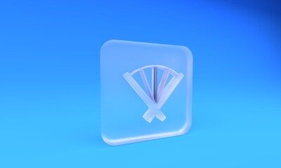 Frosted glass Traditional paper chinese or japanese folding fan icon isolated on blue background. Square frosted glass button. 3D render illustration