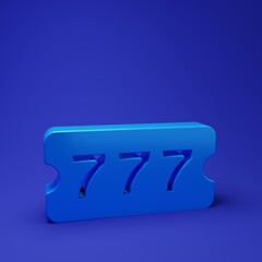 Blue Lottery ticket icon isolated on blue background. Bingo, lotto, cash prizes. Financial success, prosperity, victory, winnings luck. Minimalism concept. 3D render illustration