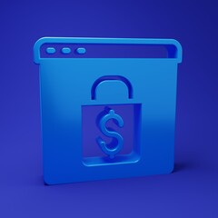 Blue Online shopping on screen icon isolated on blue background. Concept e-commerce, e-business, online business marketing. Minimalism concept. 3D render illustration