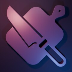Purple Cutting board and knife icon isolated on purple-blue background. Chopping Board symbol. Cutlery symbol. Minimalism concept. 3D render illustration